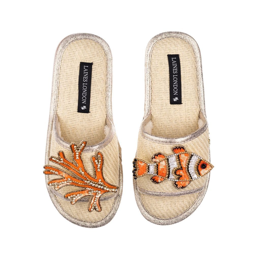 Women's Neutrals Straw Braided Sandals With Handmade Clownfish & Coral Brooches - Cream Small LAINES LONDON
