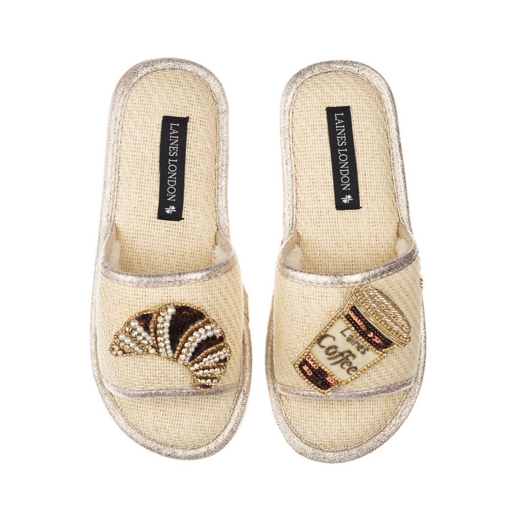 Women's Neutrals Straw Braided Sandals With Handmade Coffee & Croissant Brooches - Cream Small LAINES LONDON