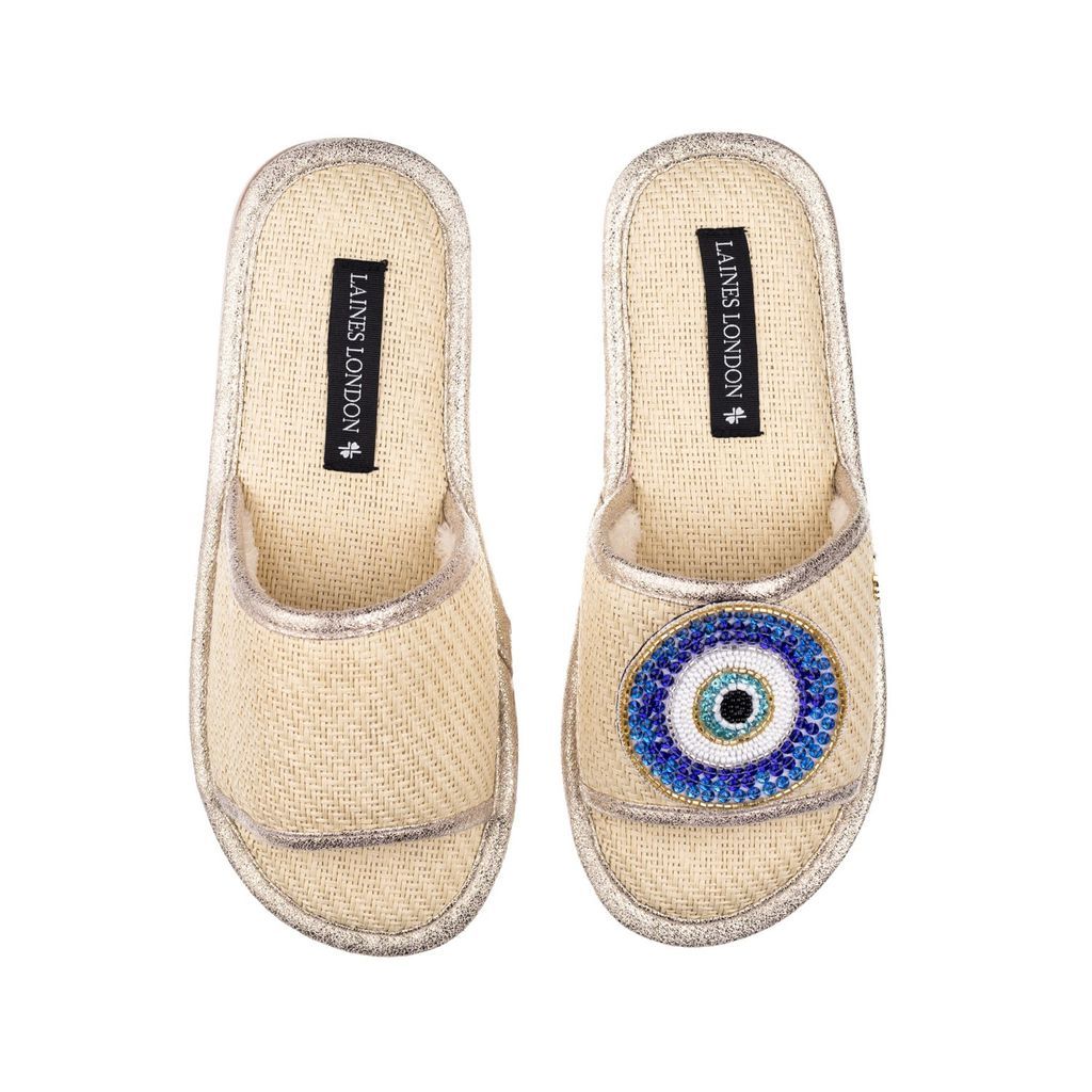 Women's Neutrals Straw Braided Sandals With Handmade Couture Evil Eye Brooch - Cream Small LAINES LONDON