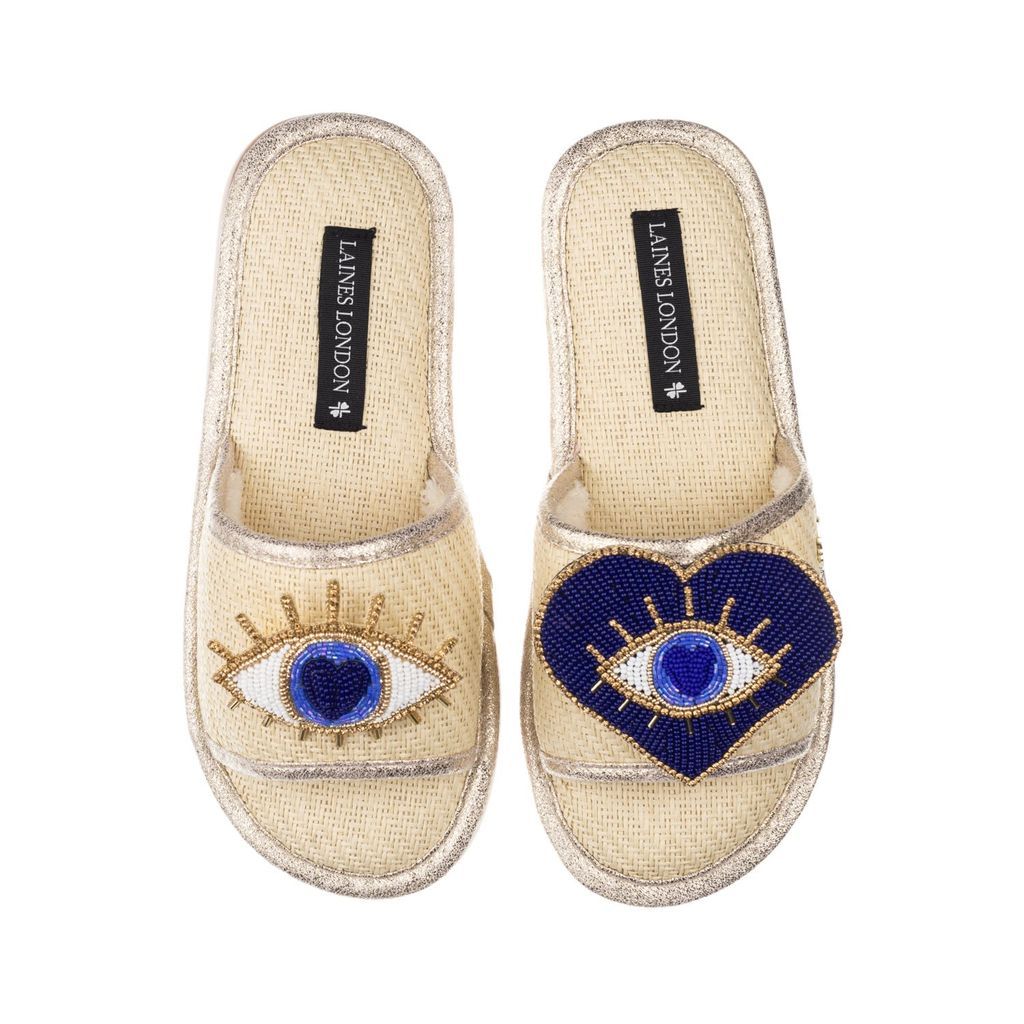 Women's Neutrals Straw Braided Sandals With Handmade Double Blue Eye Brooches - Cream Small LAINES LONDON