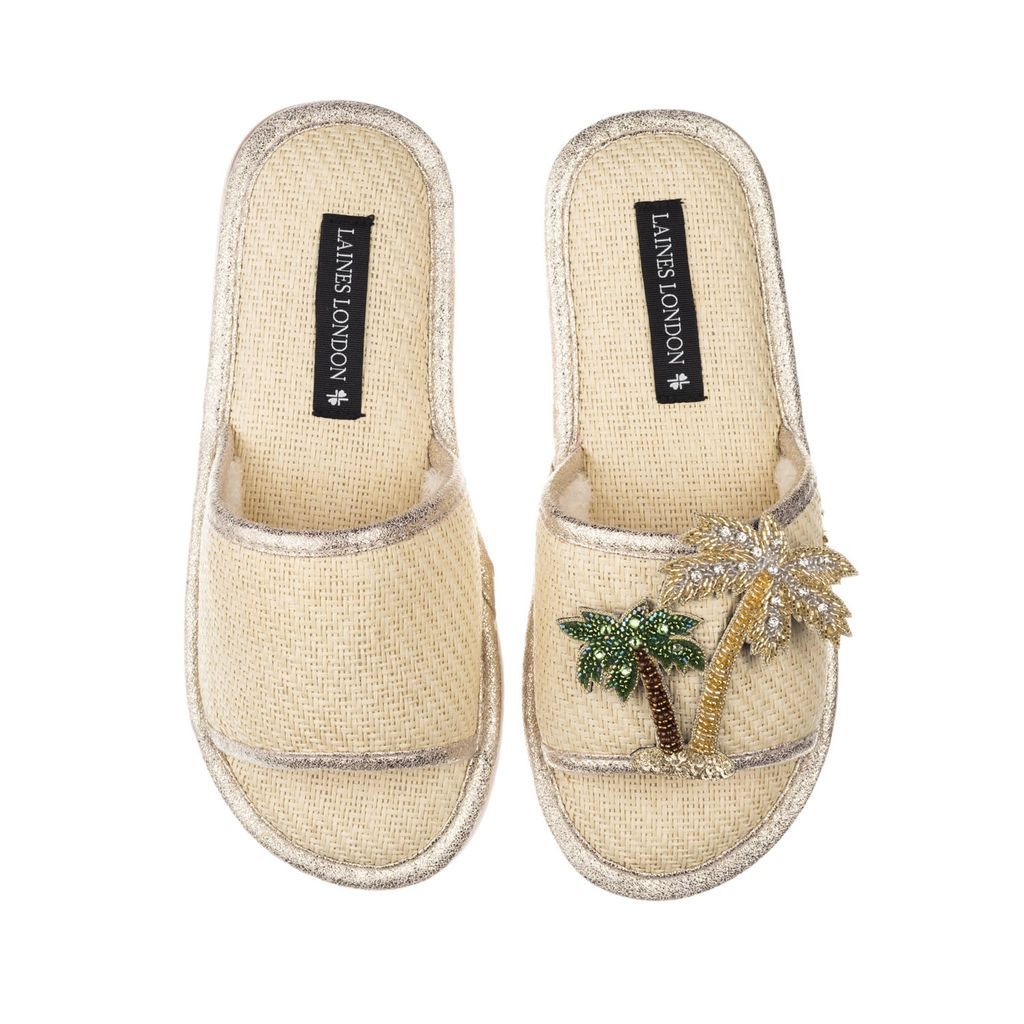 Women's Neutrals Straw Braided Sandals With Handmade Couture Golden Palm Tree Brooch - Cream Small LAINES LONDON