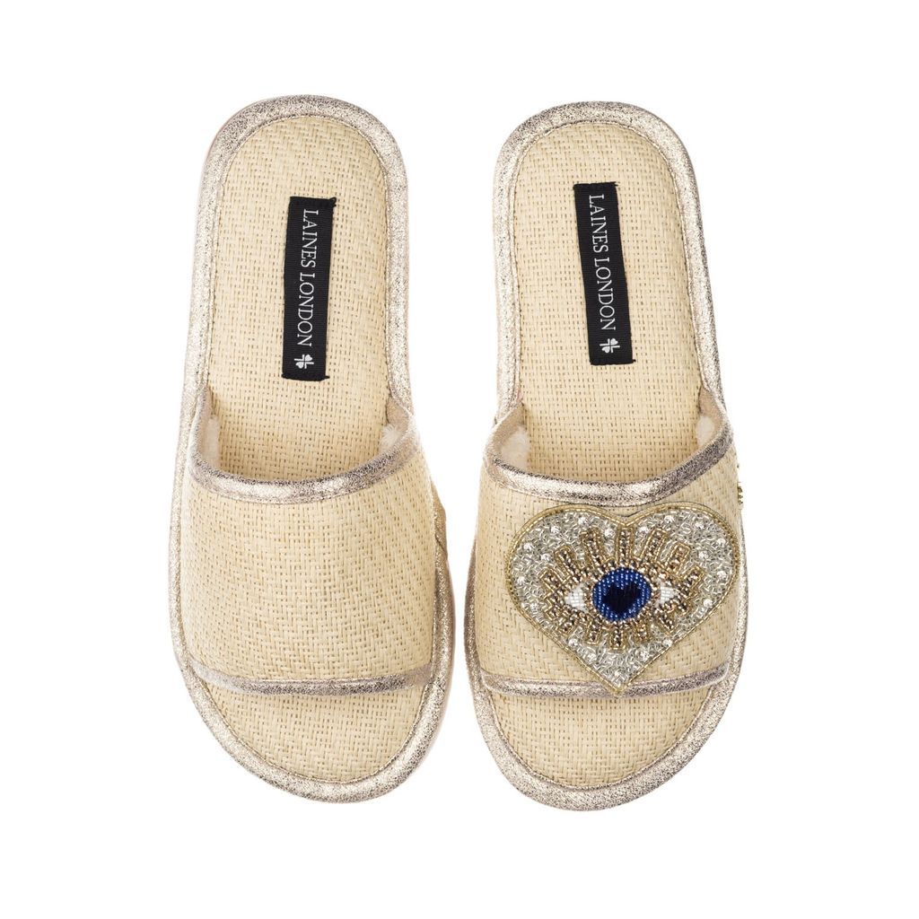 Women's Neutrals Straw Braided Sandals With Handmade Couture Golden Blue Heart Eye Brooch - Cream Small LAINES LONDON
