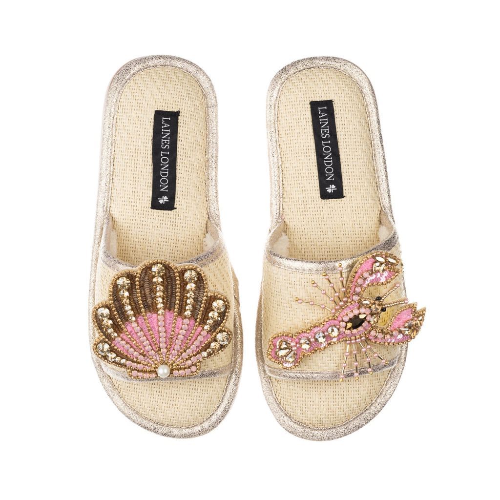 Women's Neutrals Straw Braided Sandals With Handmade Pink & Gold Shell & Lobster Brooches - Cream Small LAINES LONDON