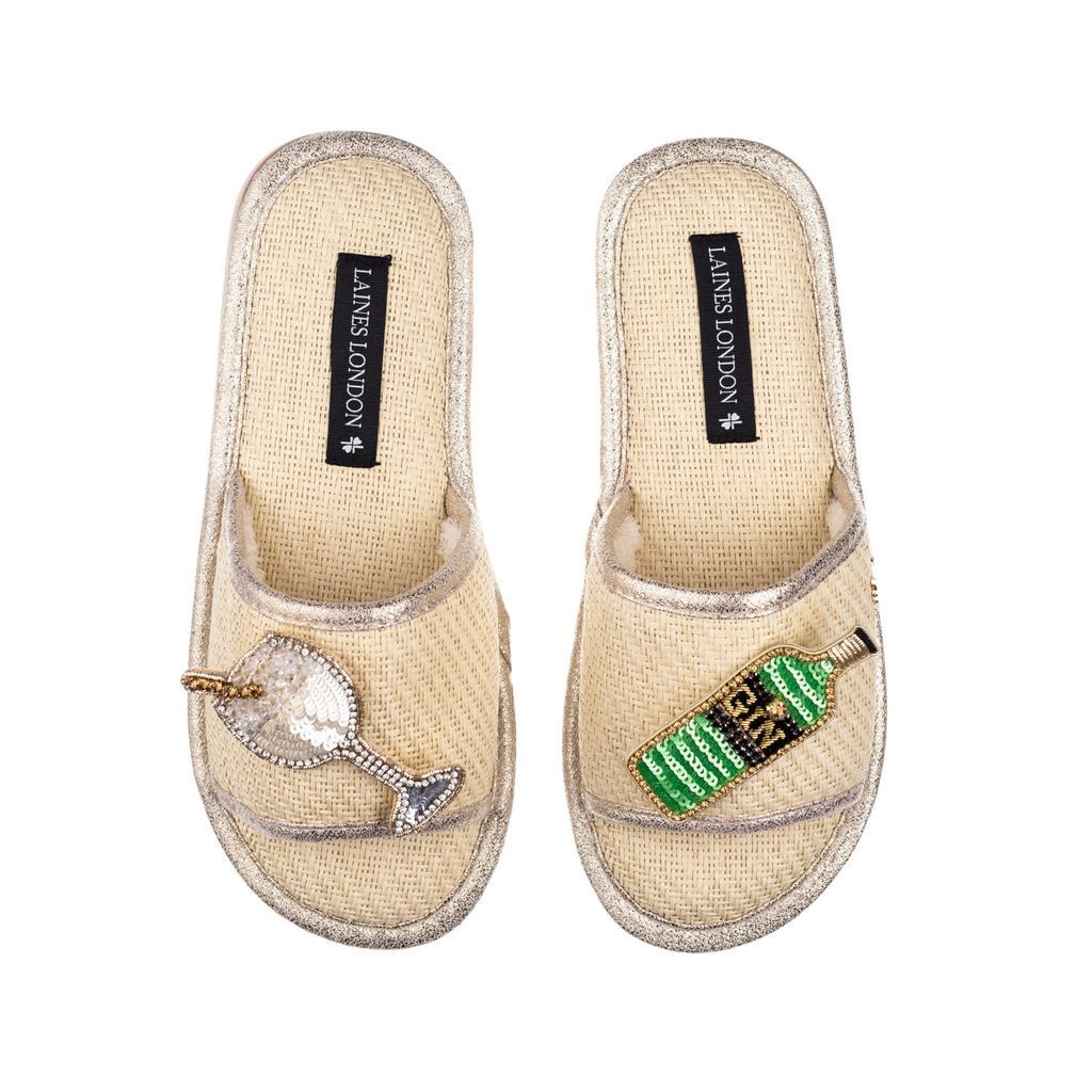 Women's Neutrals Straw Braided Sandals With Handmade Original Gin Brooches - Cream Small LAINES LONDON