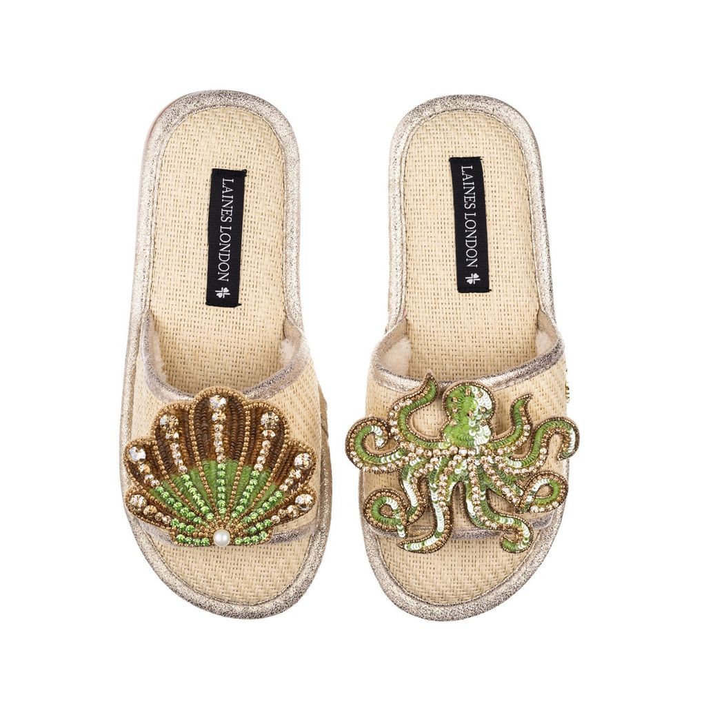 Women's Neutrals Straw Braided Sandals With Handmade Green & Gold Octopus & Shell Brooches - Cream Small LAINES LONDON