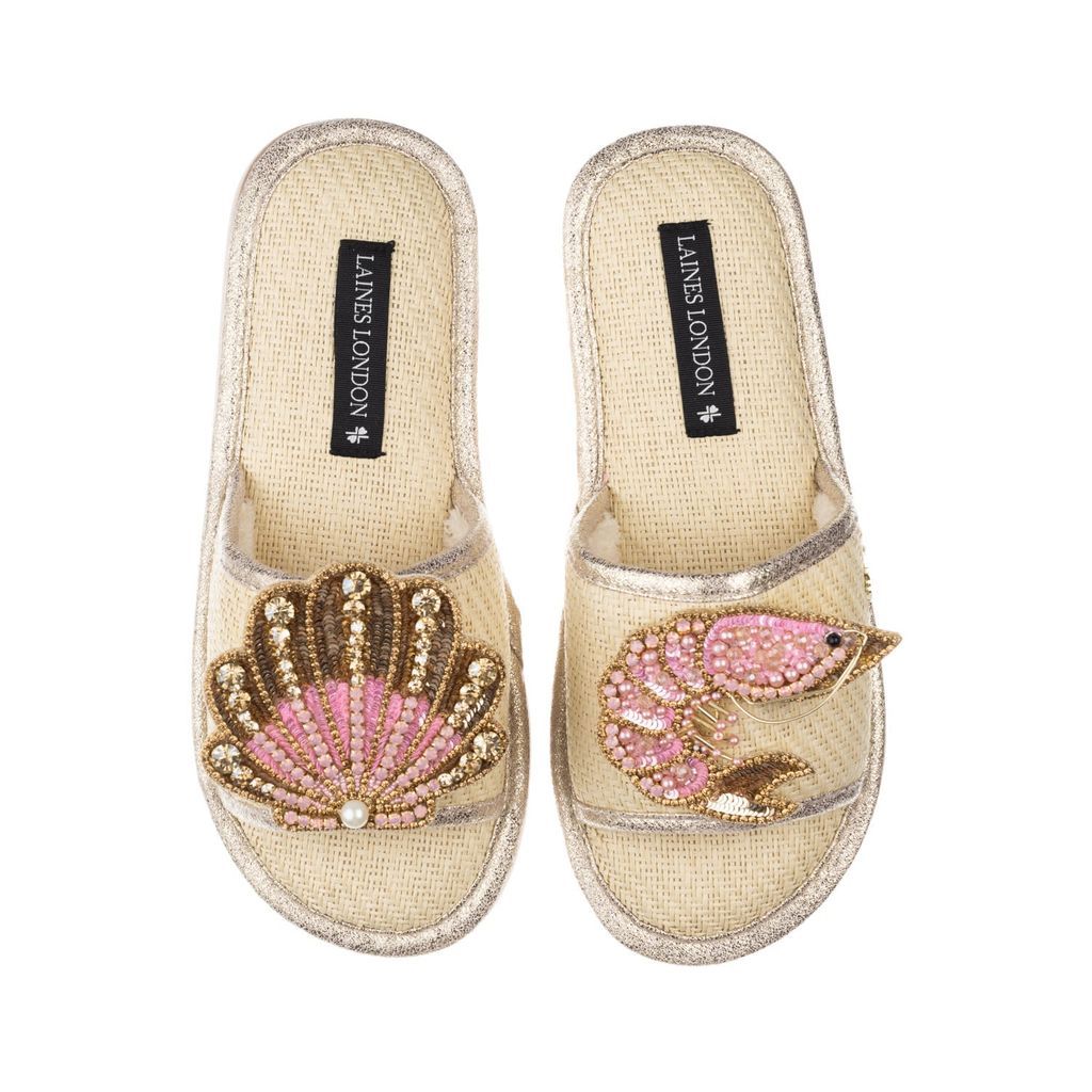 Women's Neutrals Straw Braided Sandals With Handmade Pink & Gold Shell & Prawn Brooches - Cream Small LAINES LONDON