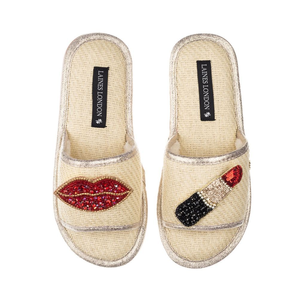 Women's Neutrals Straw Braided Sandals With Handmade Red Pucker Up Brooches - Cream Small LAINES LONDON