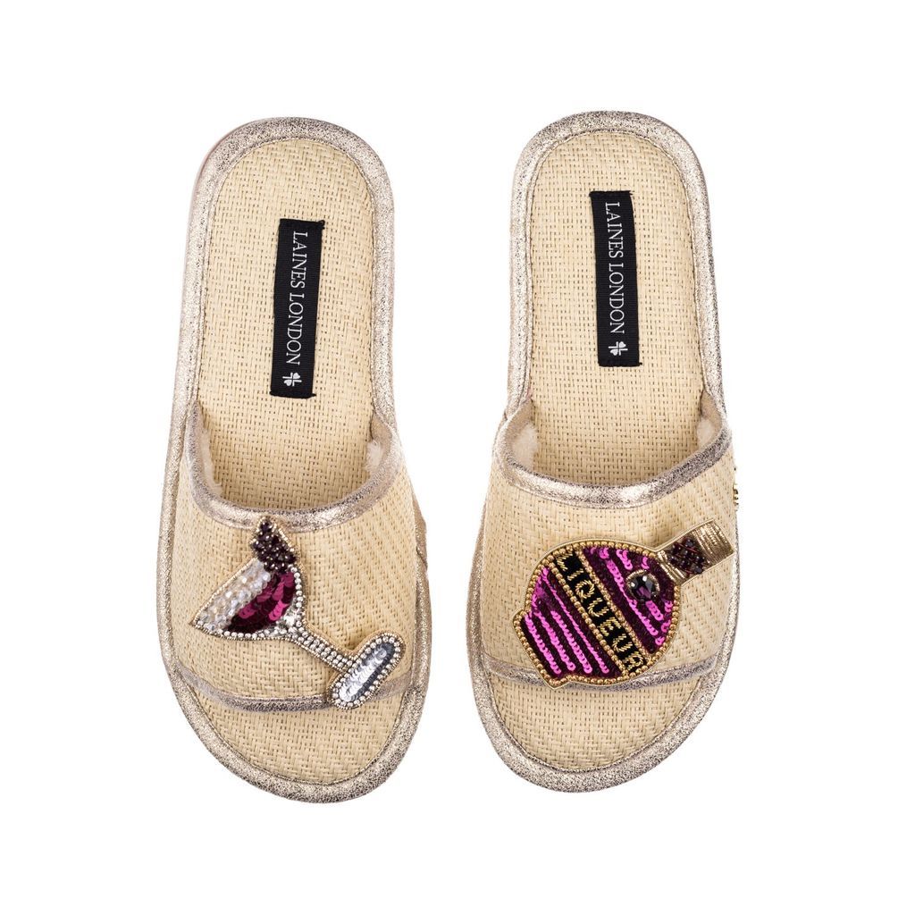 Women's Neutrals Straw Braided Sandals With Handmade Raspberry Liqueur Brooches - Cream Small LAINES LONDON