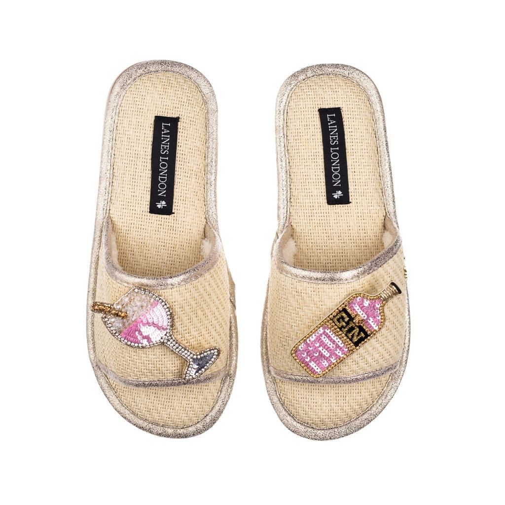Women's Neutrals Straw Braided Sandals With Handmade Pink Gin Brooches - Cream Small LAINES LONDON