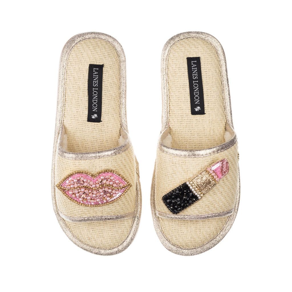 Women's Neutrals Straw Braided Sandals With Handmade Pink Pucker Up Brooches - Cream Small LAINES LONDON