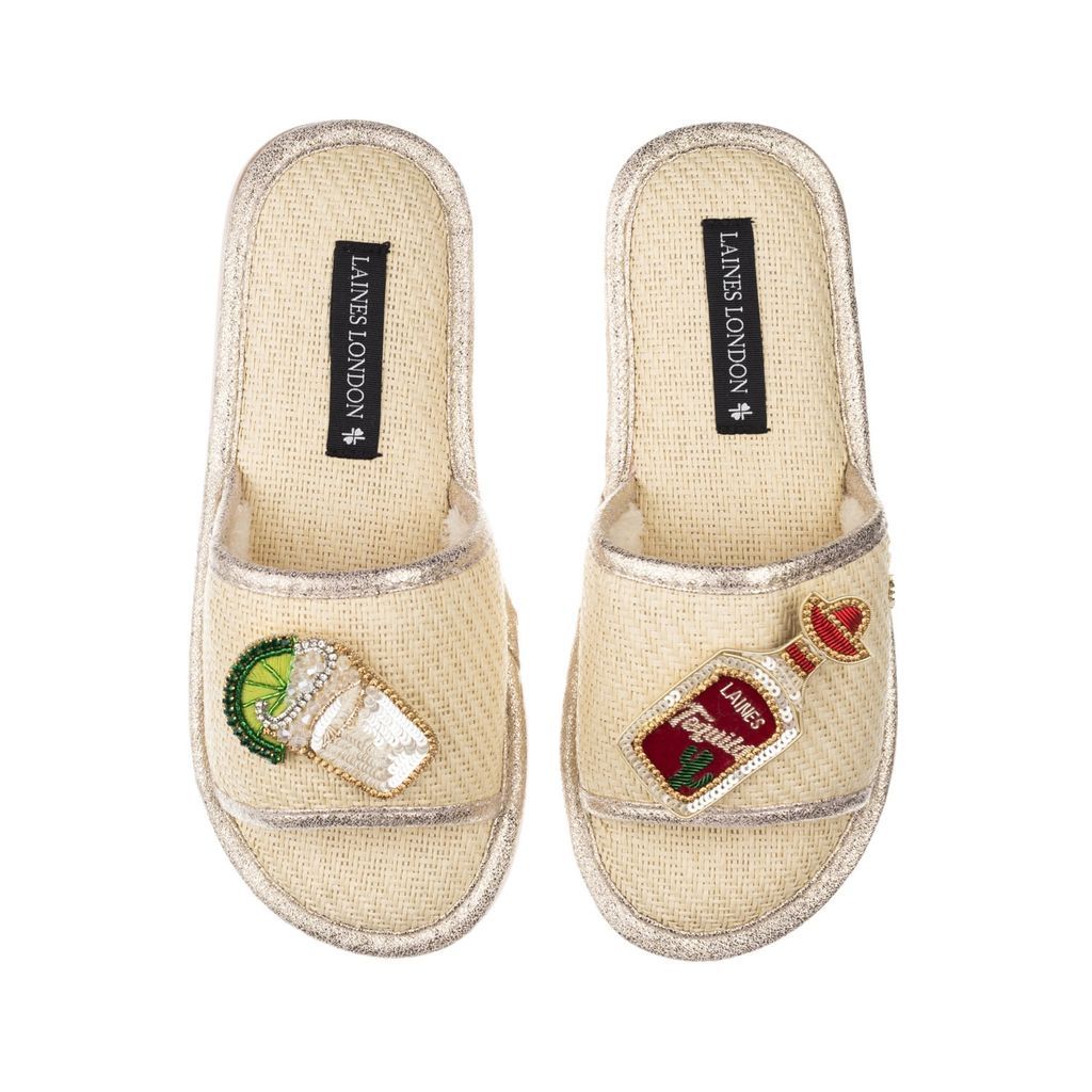 Women's Neutrals Straw Braided Sandals With Handmade Tequila Slammer Brooches - Cream Small LAINES LONDON