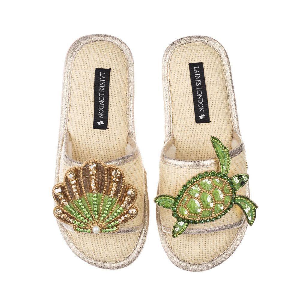 Women's Neutrals Straw Braided Sandals With Handmade Turtle & Green & Gold Shell Brooches - Cream Small LAINES LONDON
