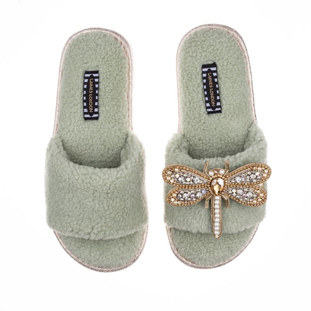 Women's Neutrals Teddy Towelling Slipper / Sliders With Artisan Gold, Silver & Pearl Dragonfly Brooch - Sage Small LAINES LONDON