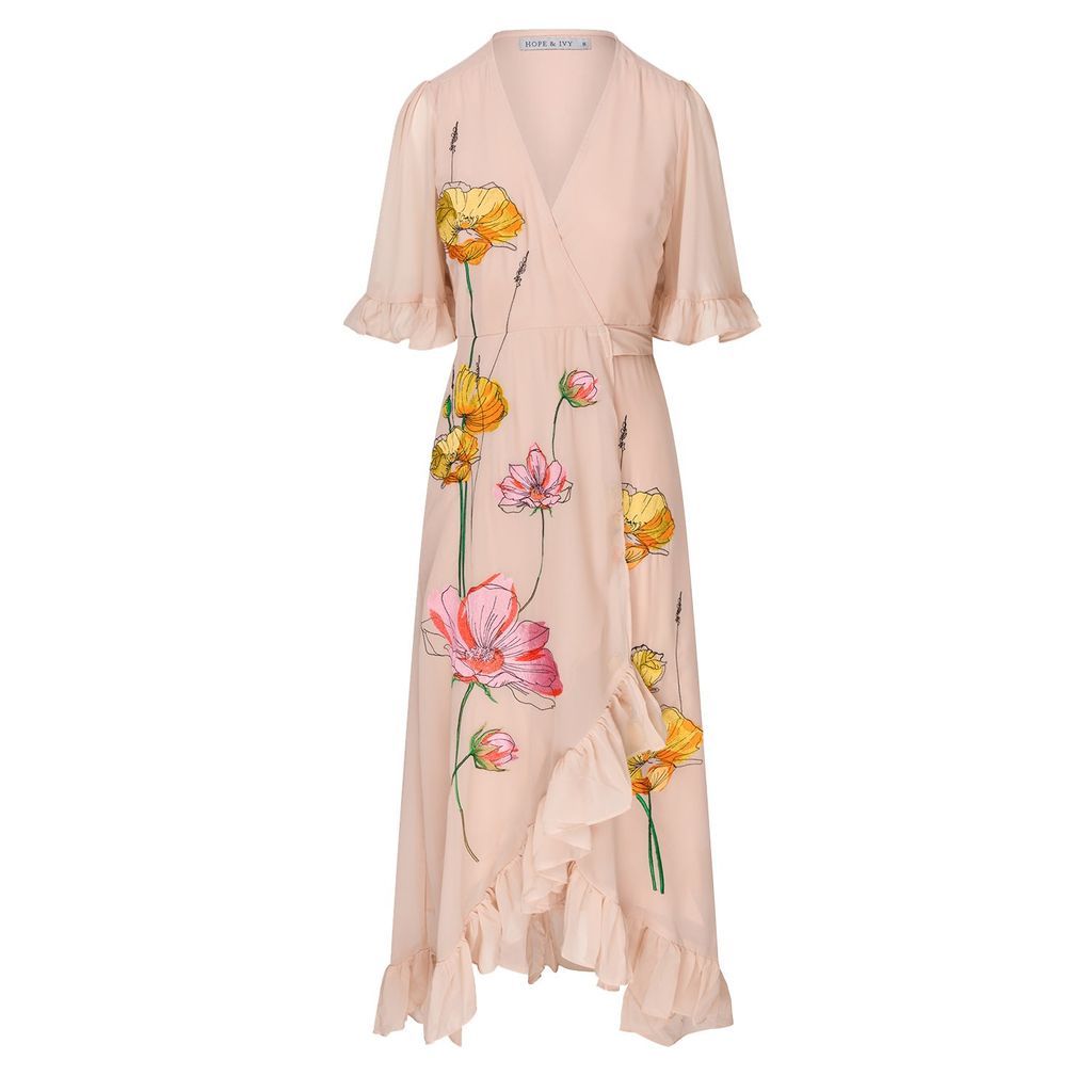 Women's Neutrals The Liliana Embroidered Flower Wrap Maxi Dress With Ruffle Hem And Tie Waist Extra Small Hope and Ivy