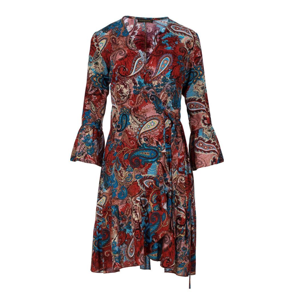 Women's Paisley Print Viscose Wrap Dress With Bell Sleeves Small Conquista