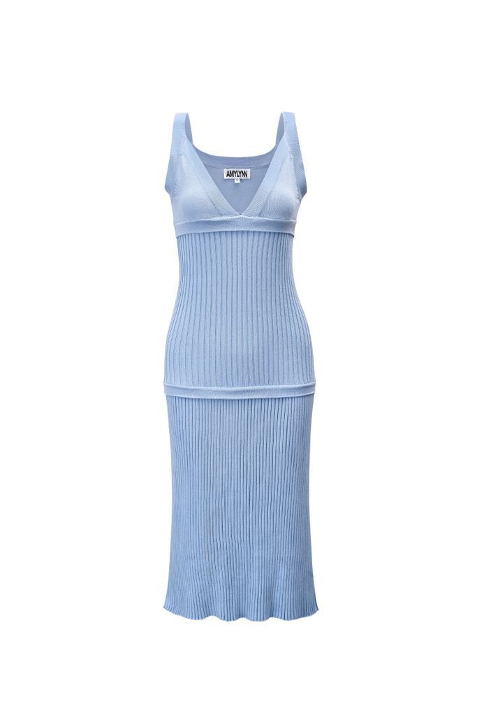 Women's Paris Blue Fitted Knit Midi Dress Small AMY LYNN
