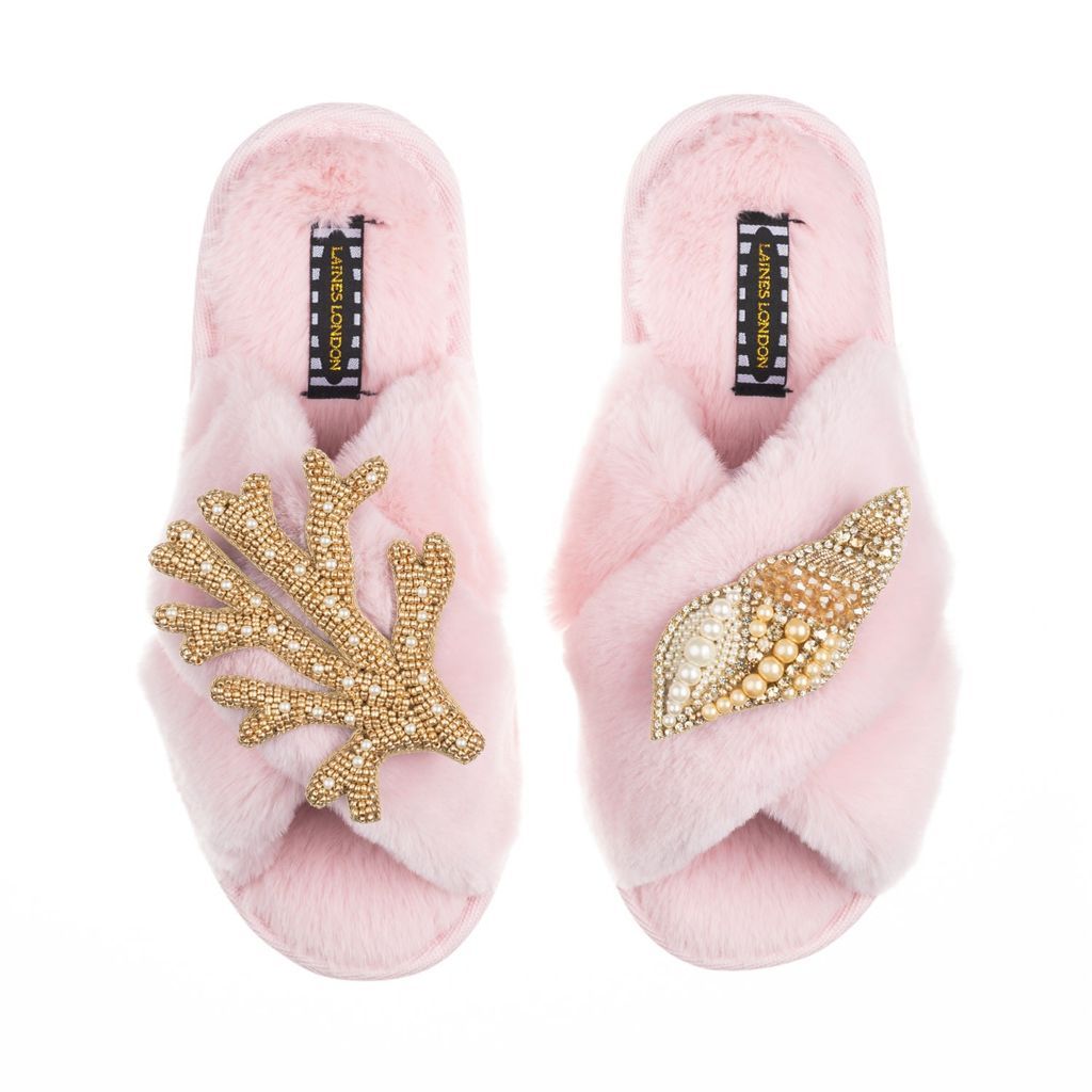 Women's Pink / Purple Classic Laines Slippers With Artisan Gold & Pearl Cone Shell & Coral Brooches - Pink Small LAINES LONDON