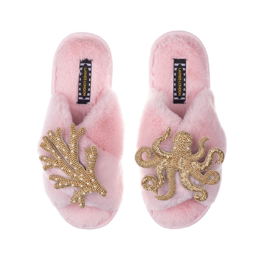 Women's Pink / Purple Classic Laines Slippers With Double Artisan Gold Coral & Octopus - Pink Small LAINES LONDON