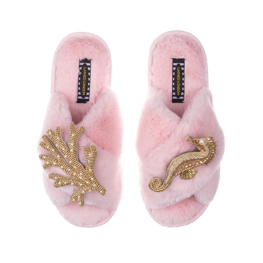 Women's Pink / Purple Classic Laines Slippers With Double Artisan Gold Coral & Seahorse - Pink Small LAINES LONDON