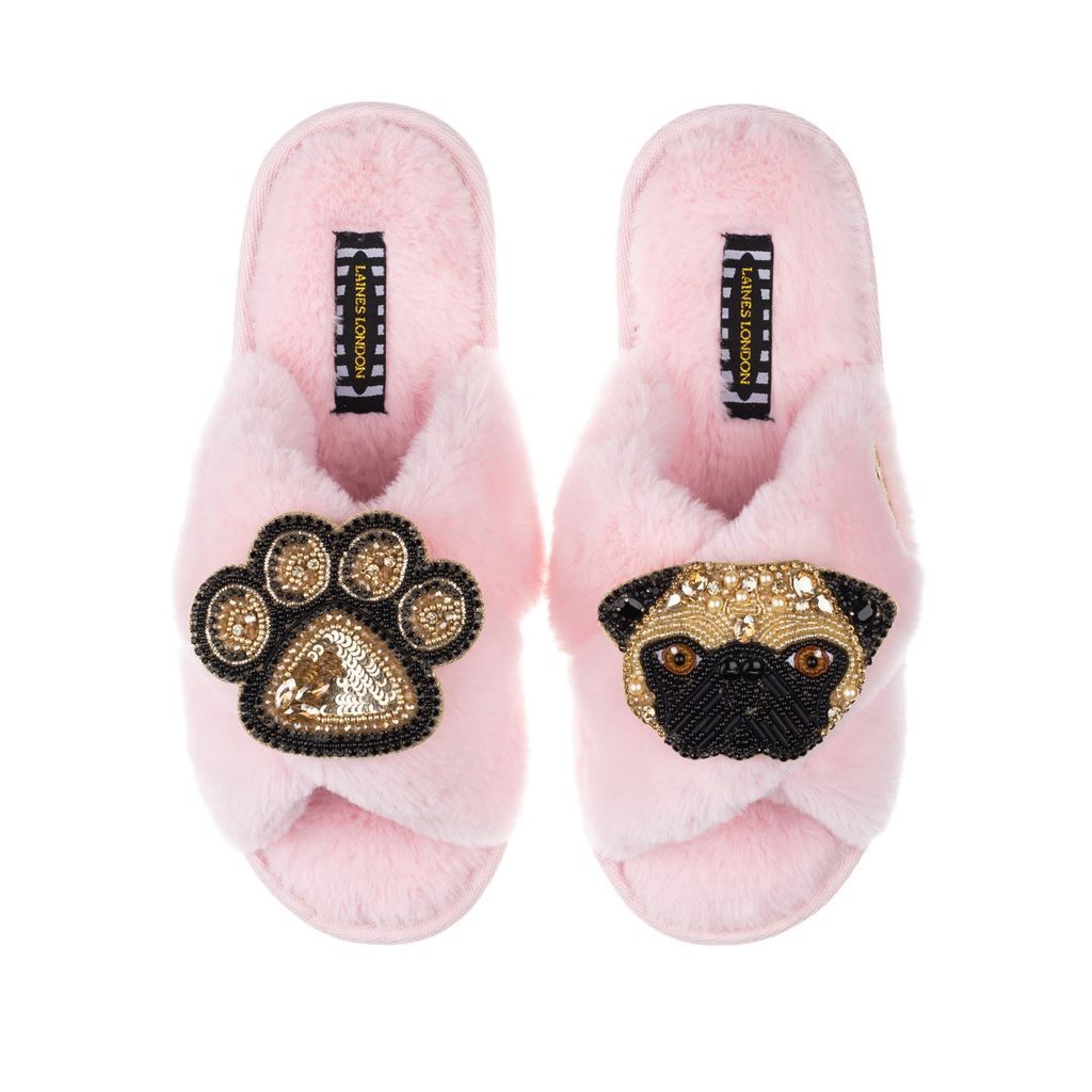 Women's Pink / Purple Classic Laines Slippers With Franki Pug & Paw Brooches - Pink Small LAINES LONDON