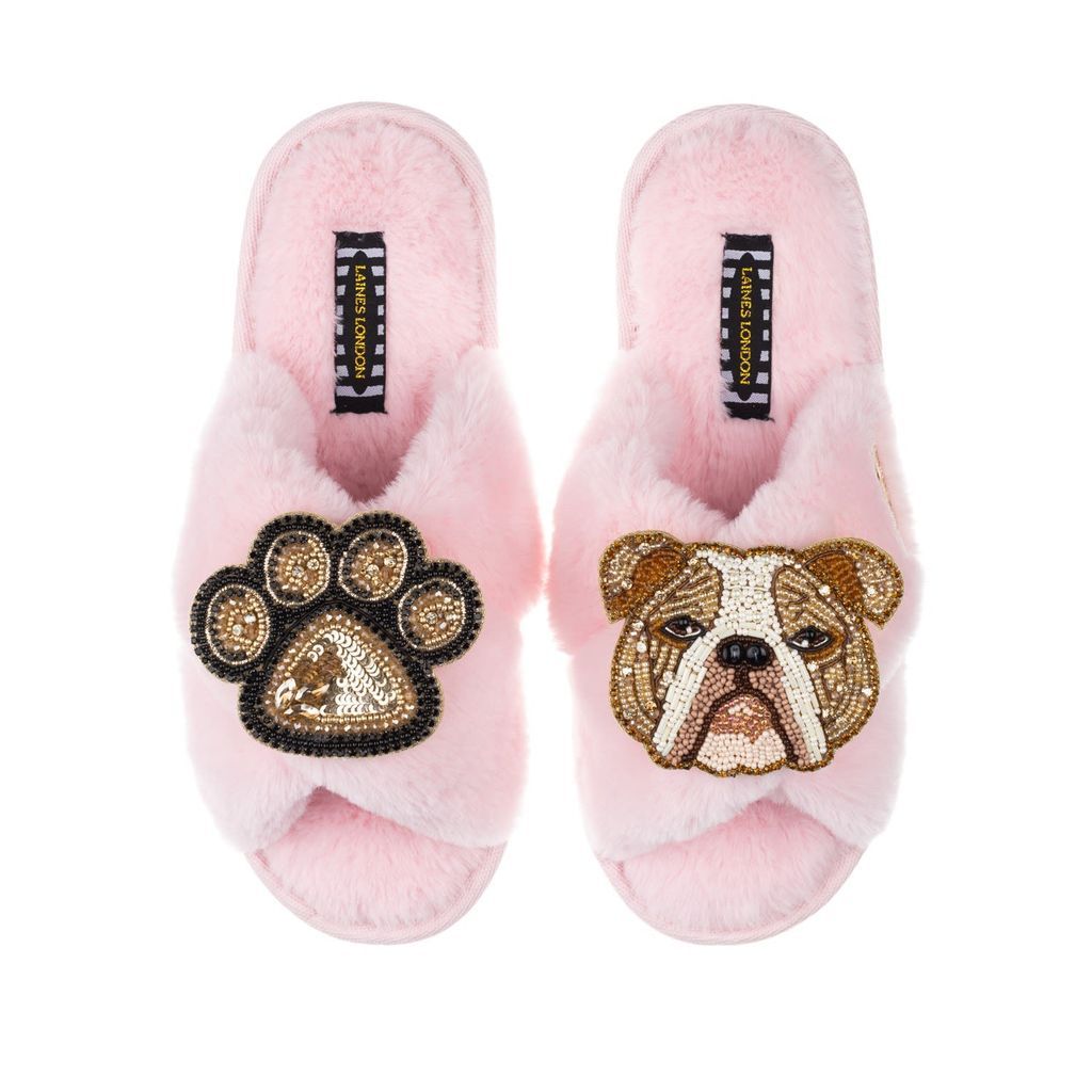 Women's Pink / Purple Classic Laines Slippers With Mr Beefy Bulldog & Paw Brooches - Pink Small LAINES LONDON