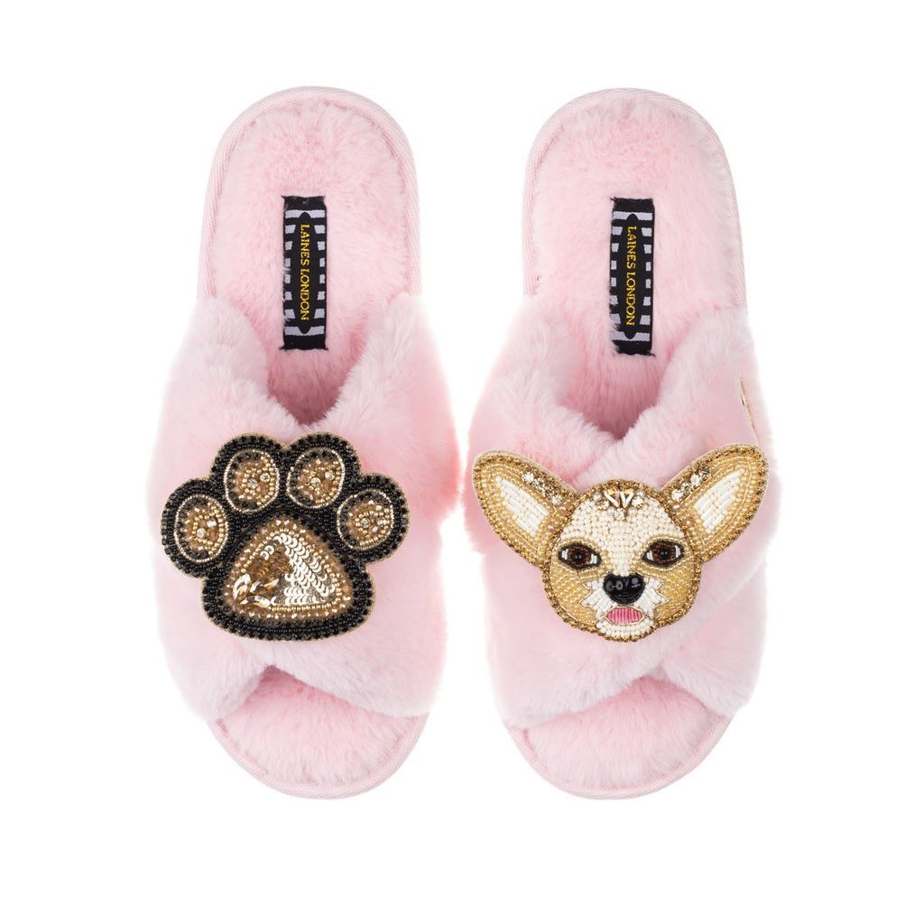 Women's Pink / Purple Classic Laines Slippers With Princess Chihuahua & Paw Brooches - Pink Small LAINES LONDON