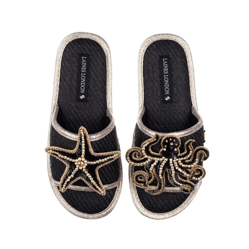 Women's Straw Braided Sandals With Handmade Black & Gold Octopus & Black & Gold Starfish Brooches - Black Small LAINES LONDON