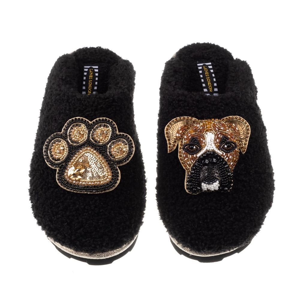 Women's Teddy Towelling Closed Toe Slippers With Pip The Box & Paw Print Brooches - Black Small LAINES LONDON