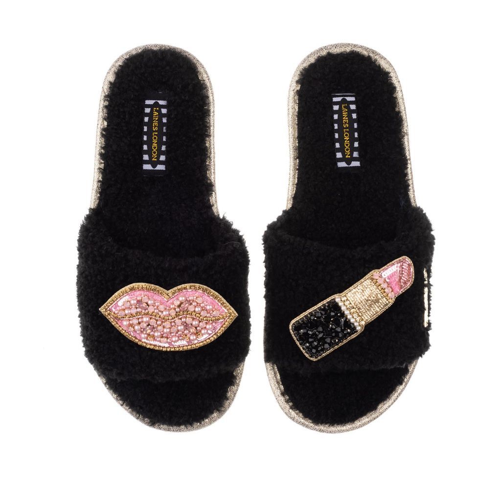 Women's Teddy Towelling Slipper Sliders With Artisan Pink Pucker Up Brooches - Black Small LAINES LONDON