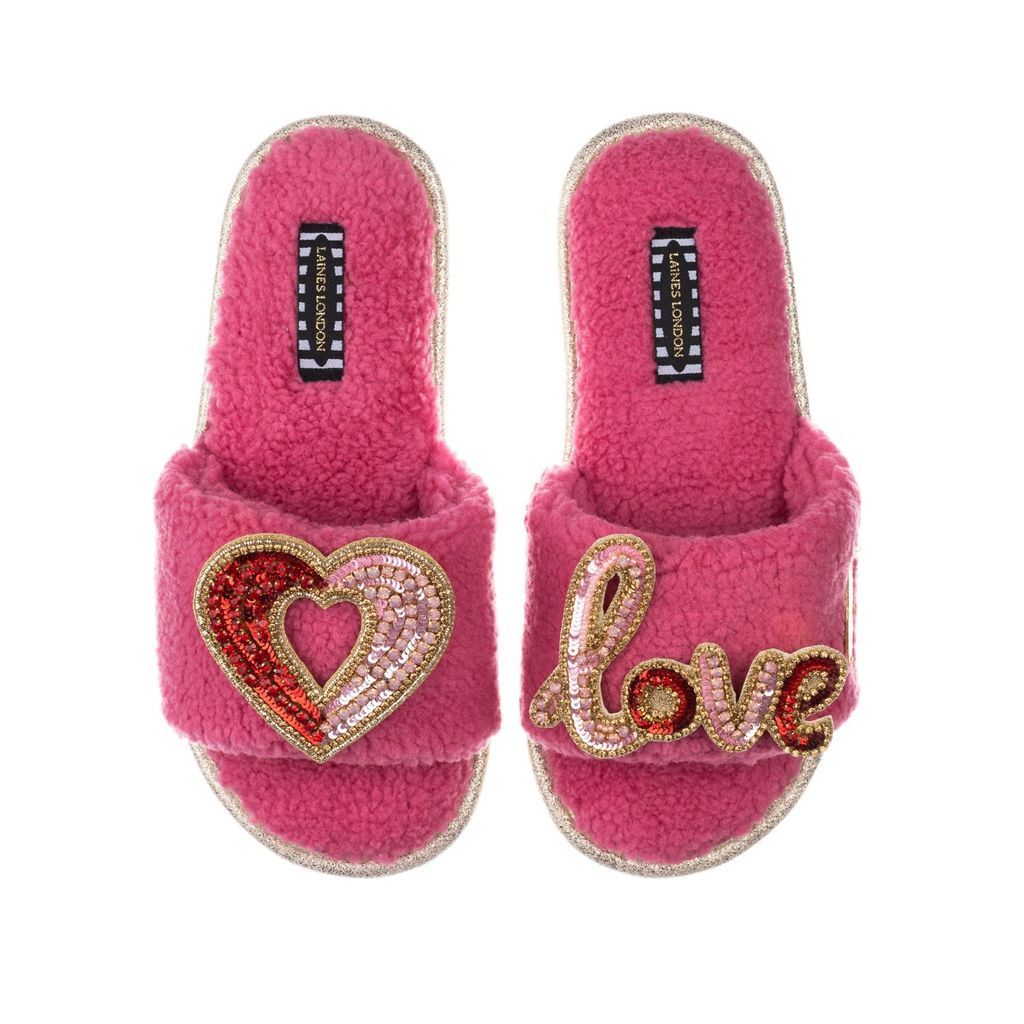 Women's Pink / Purple Teddy Towelling Slipper Sliders With Red & Pink Love & Heart Brooches - Raspberry Small LAINES LONDON