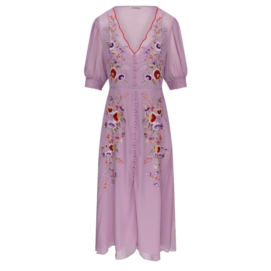 Women's Pink / Purple The Mila Floral Embroidered Tea Dress With Button Front And Scallop Neckline Xxs Hope and Ivy