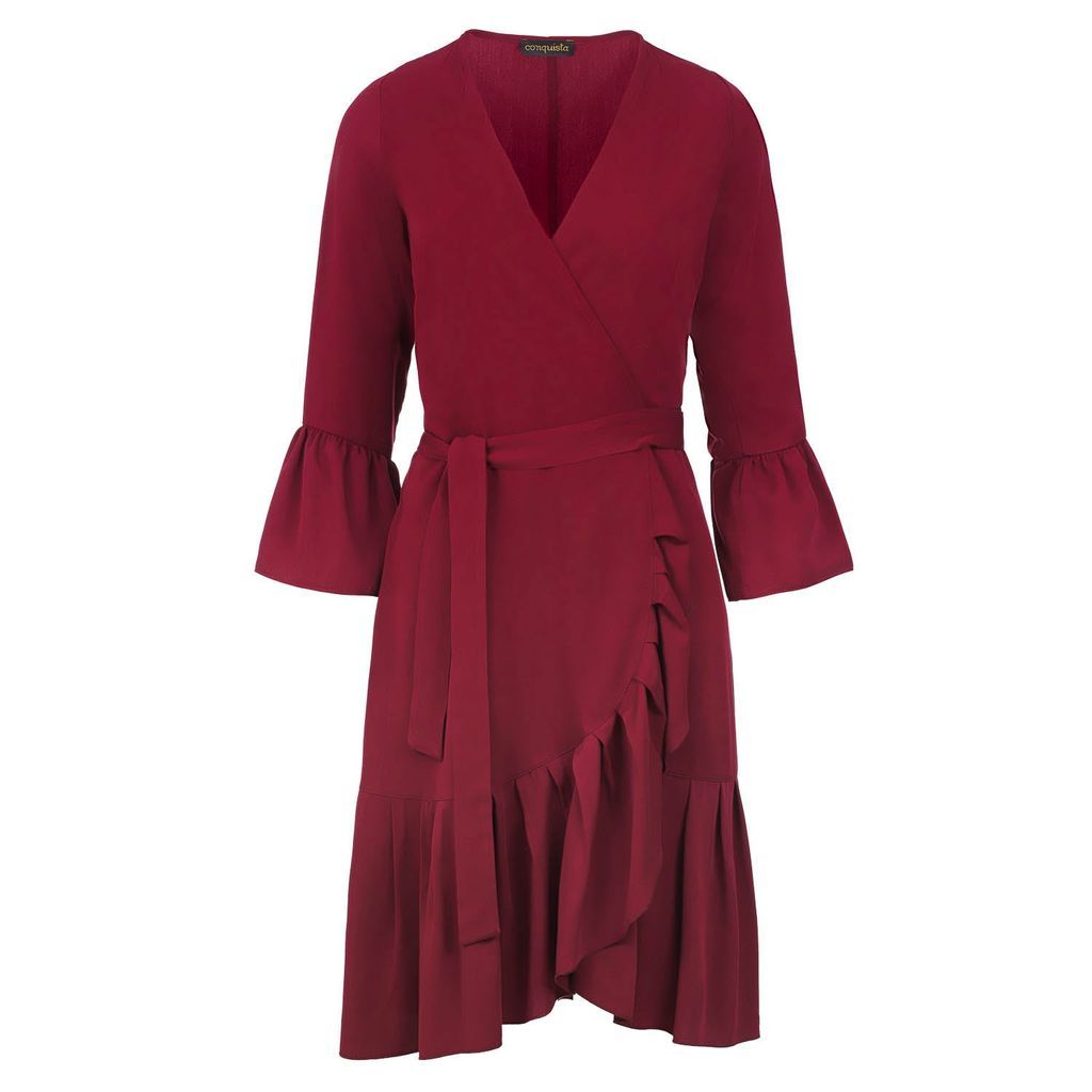 Women's Pink / Purple Wine Wrap Dress Viscose With Bell Sleeves. Large Conquista