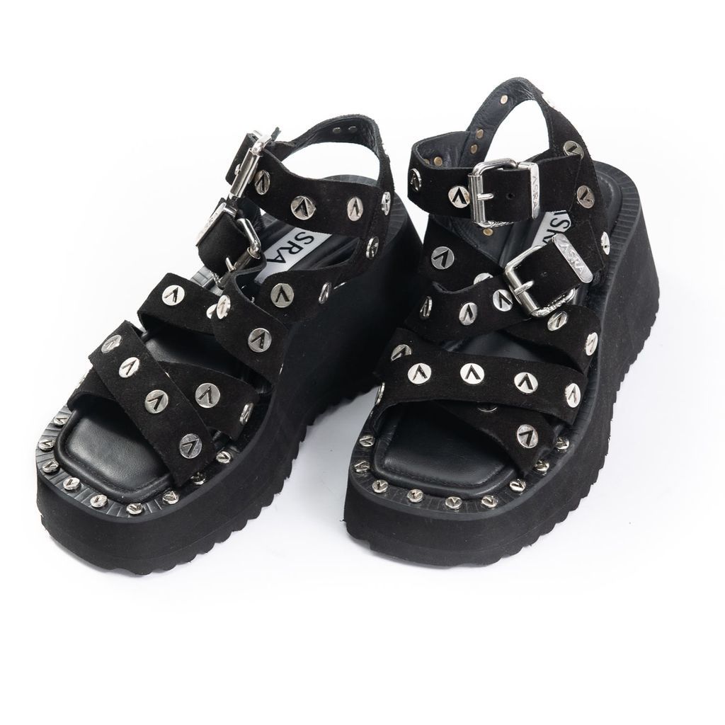 Women's Polli Black Suede Platform Studded Sandal 3 Uk ASRA