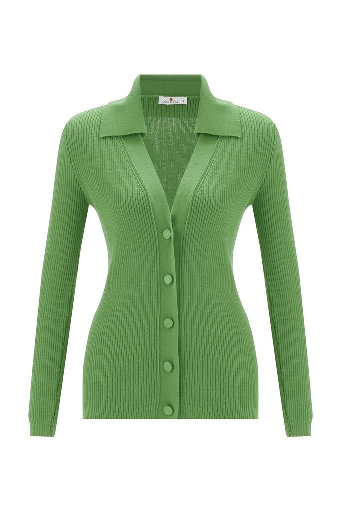 Women's Polo V-Neck Ribbed Knit Cardigan - Bay Leaf Green Small Peraluna