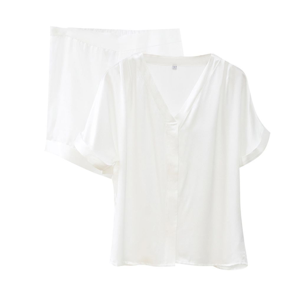 Women's Pure Mulberry Silk Top And Shorts Set - Pearl White Small Soft Strokes Silk