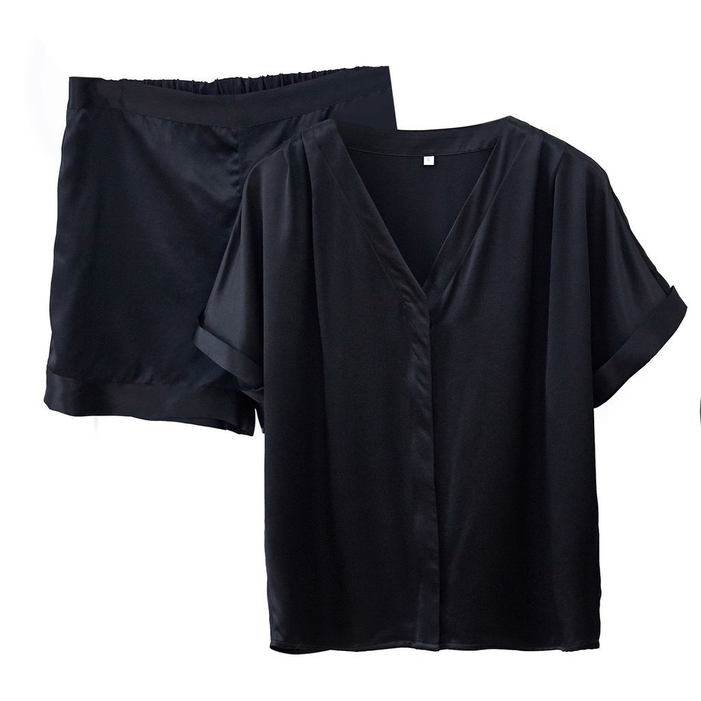 Women's Pure Mulberry Silk Top And Shorts Set - Black Small Soft Strokes Silk