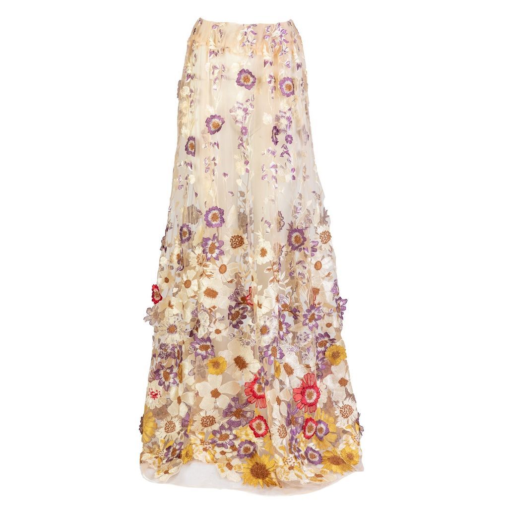 Women's Red / Neutrals / White Celestial - Embroidered Floral Mesh Maxi Skirt Medium Harlow Loves Daisy