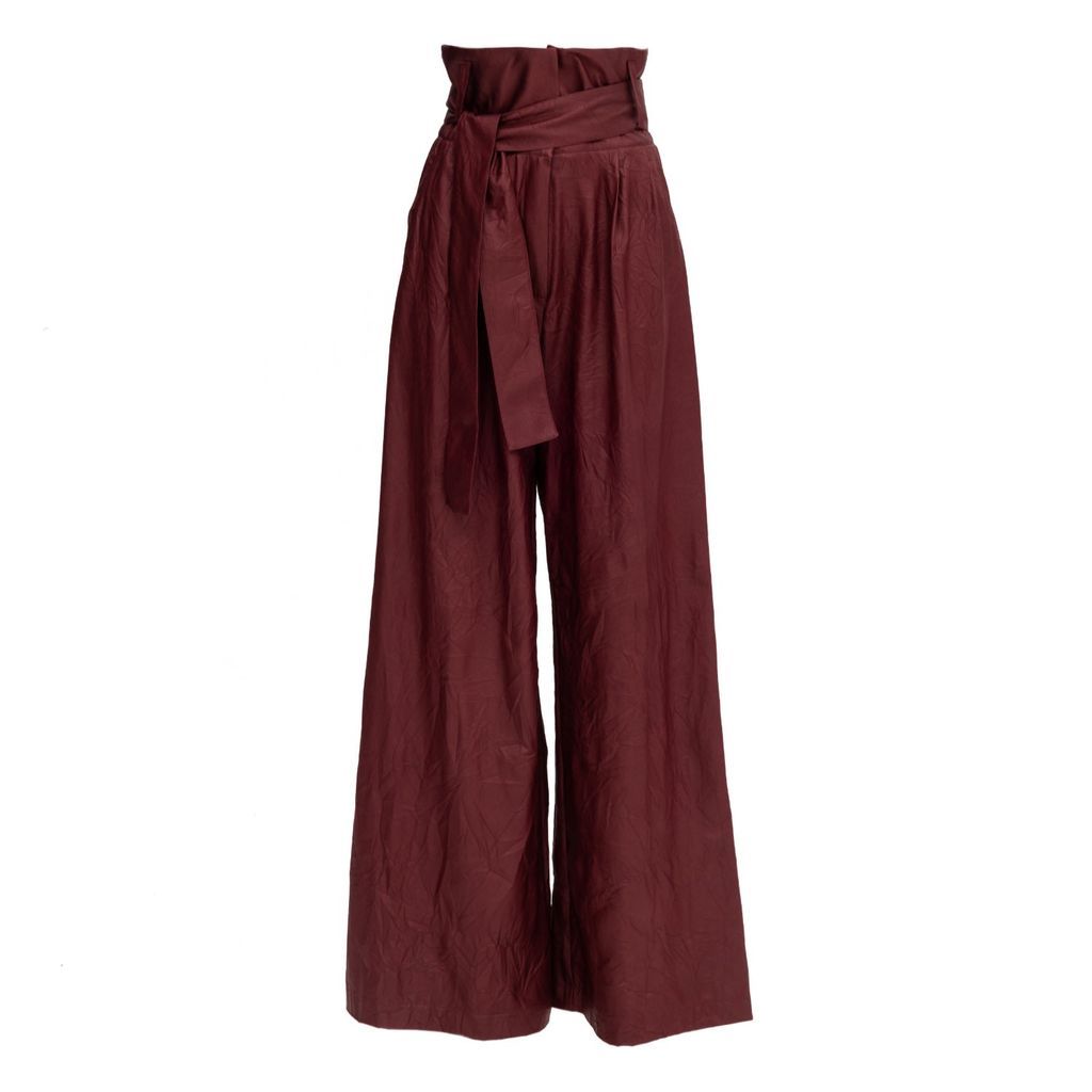 Women's Red Burgundy Faux Leather High Waist Long Wide Leg Trousers Extra Small Julia Allert