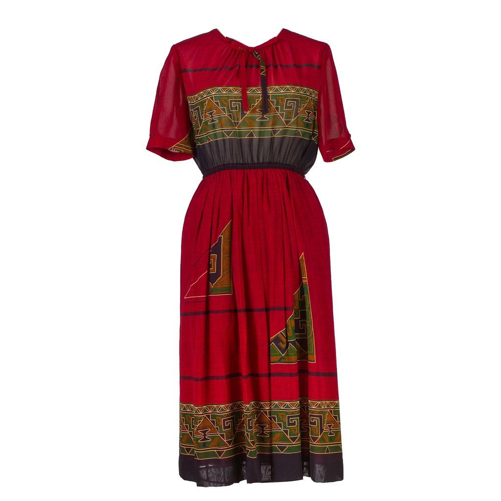 Women's Red Maroon Vintage Dress With Tribal Print Medium Sugar Cream Vintage