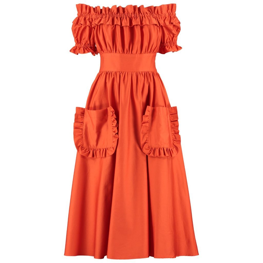 Women's Red The Tamsin Bardot Ruffle Pocket Midi Dress In Sunset Orange Xxs Lavaand