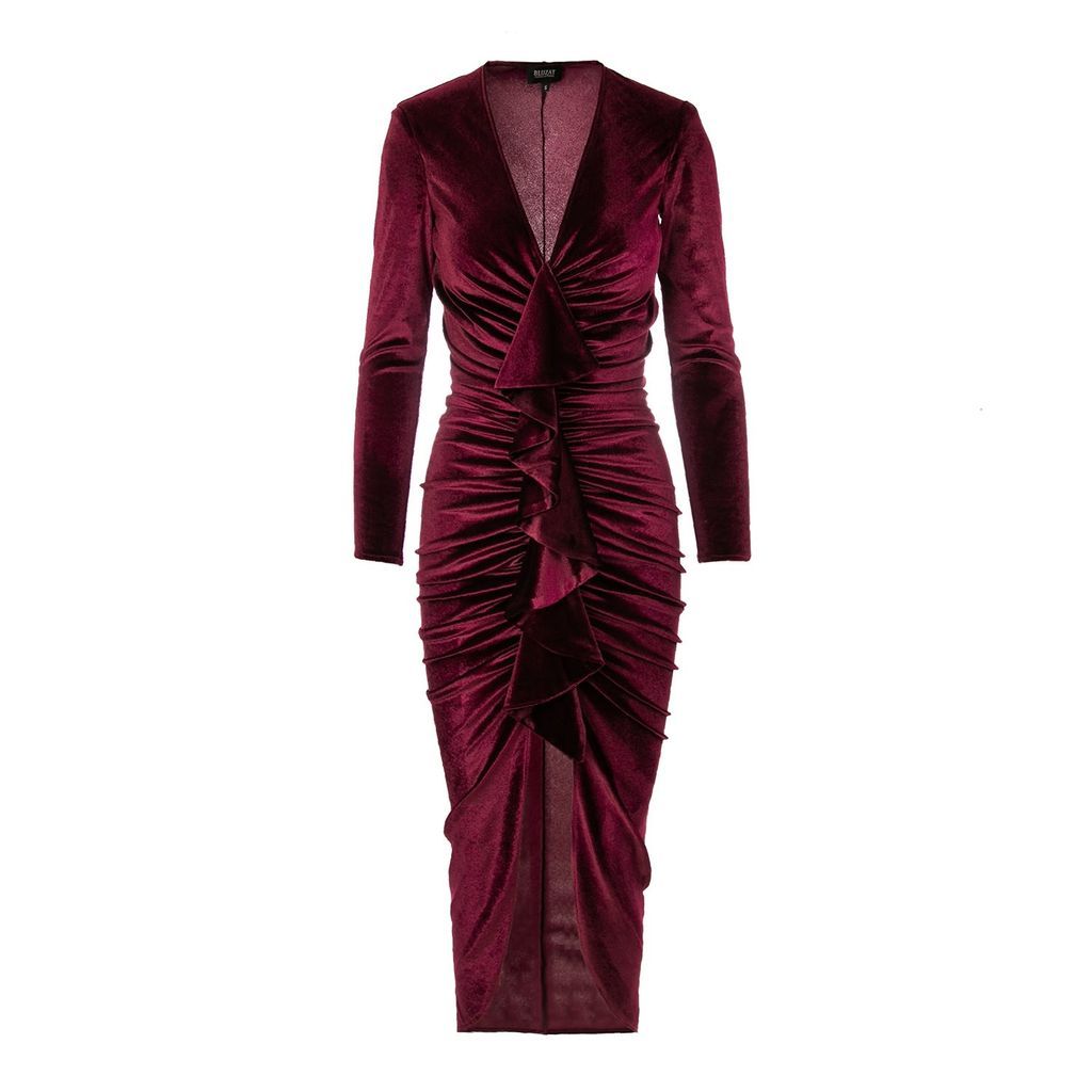 Women's Red Velvet Burgundy Midi Ruffle Dress Extra Small BLUZAT