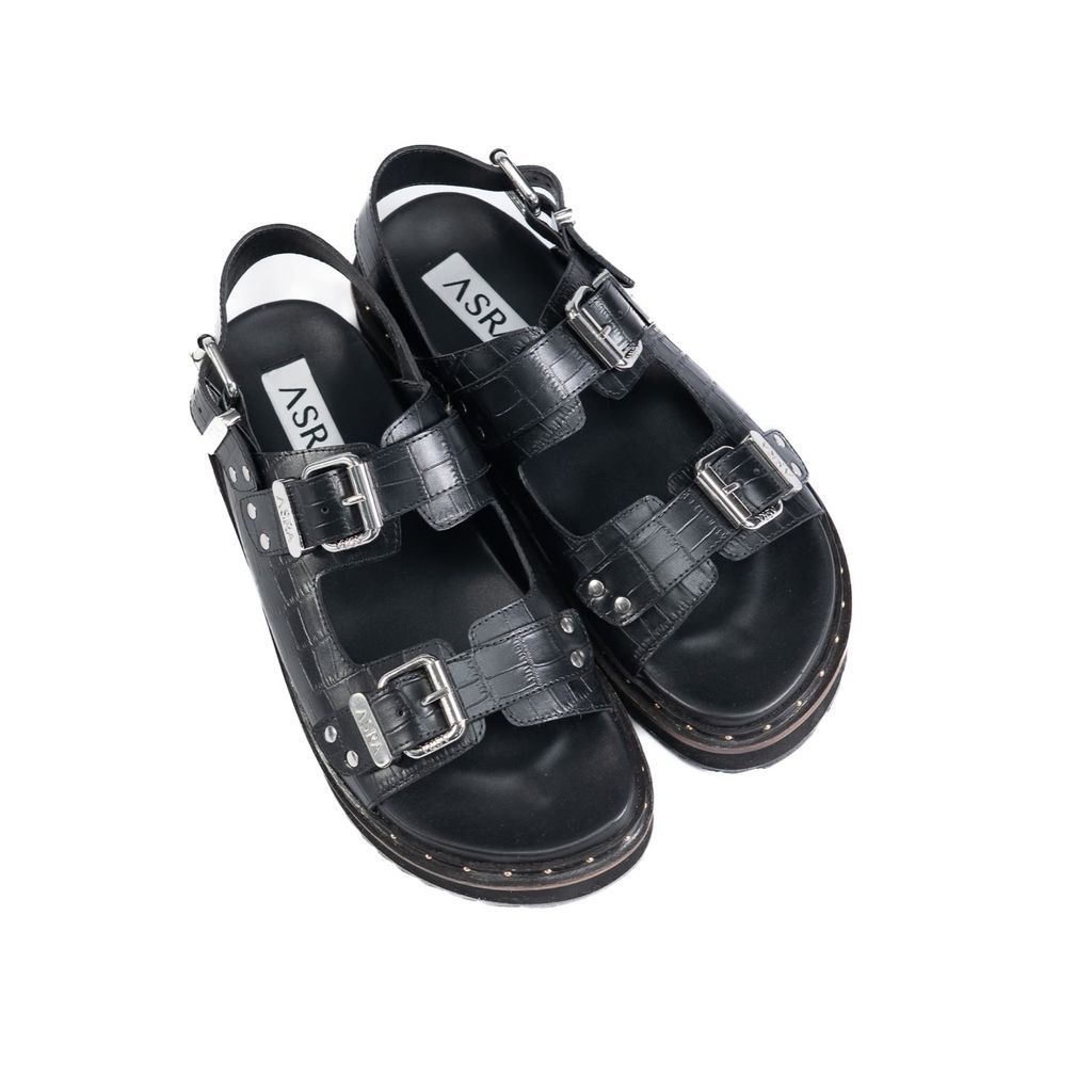 Women's Sami Black Croc Leather Triple Buckled Footbed Sandal 3 Uk ASRA