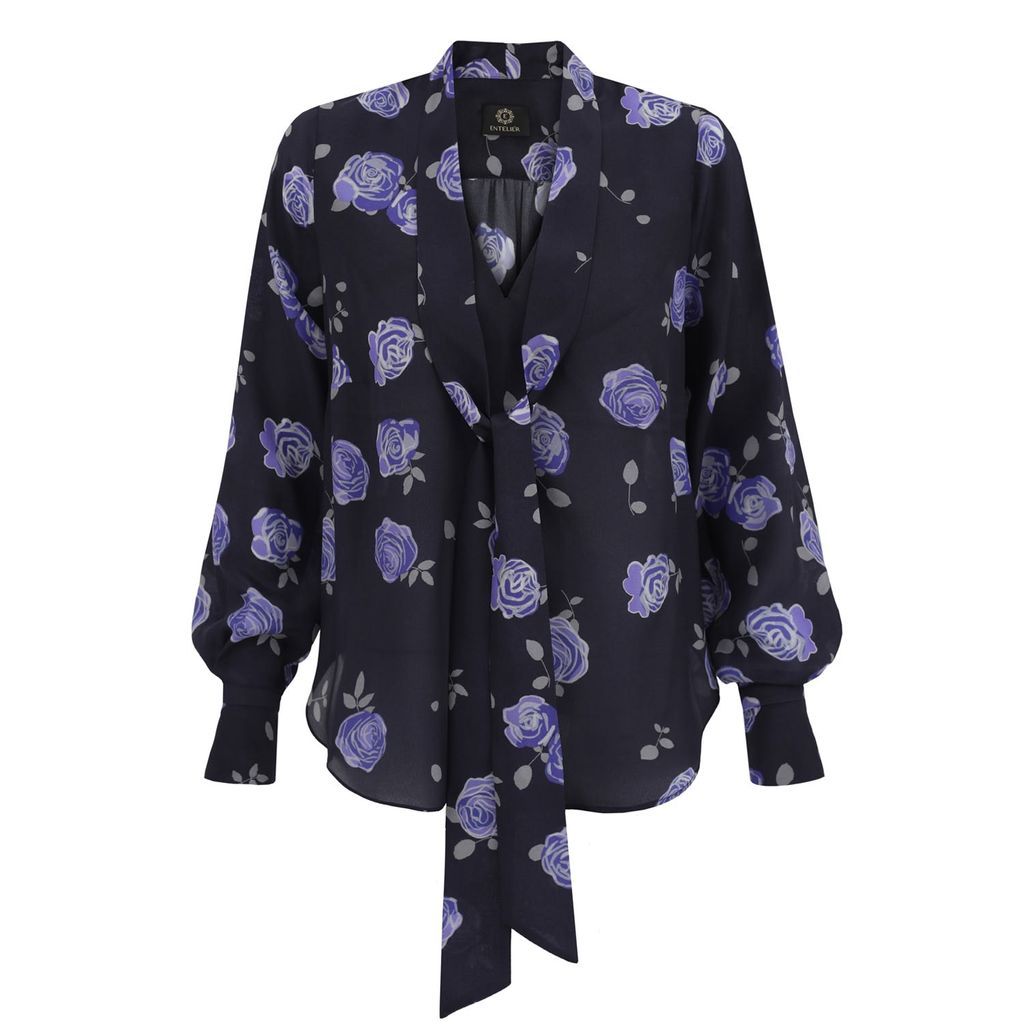 Women's Silk Bow Blouse Roses Small Entelier