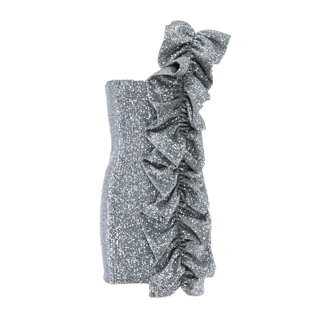 Women's Silver Sequin Mini Dress With Ruffle Extra Small BLUZAT
