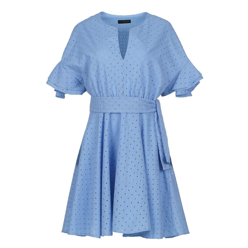 Women's Sky Blue Embroidered Dress With Ruffle Sleeves Small Conquista