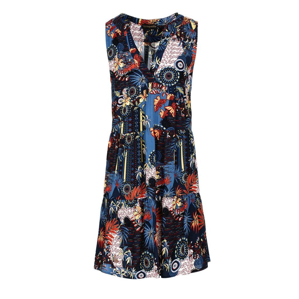 Women's Sleeveless Navy Flora Print A Line Dress Small Conquista