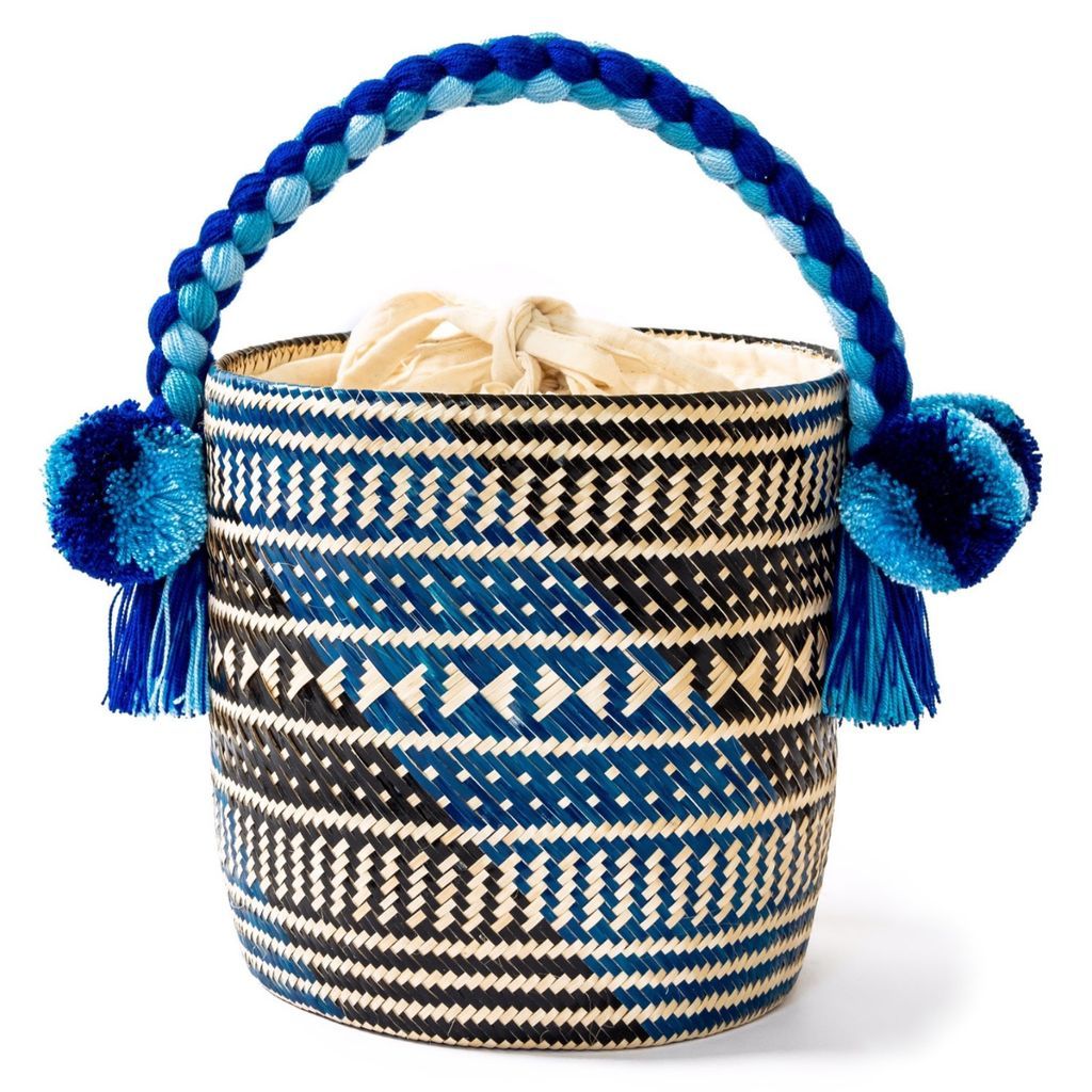 Women's Small Blue Candy Woven Straw Bucket Bag Washein