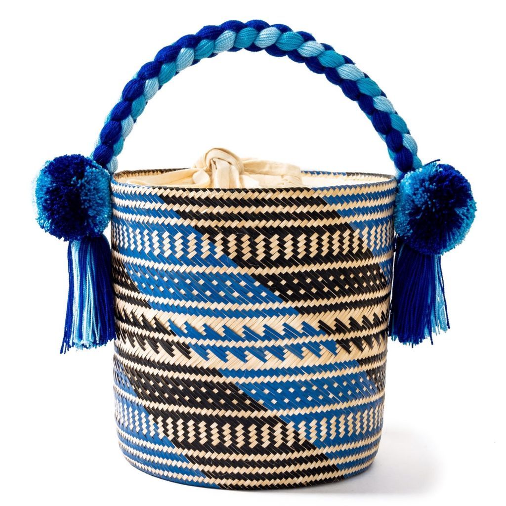 Women's Small Blue Wave Woven Straw Bucket Bag Washein