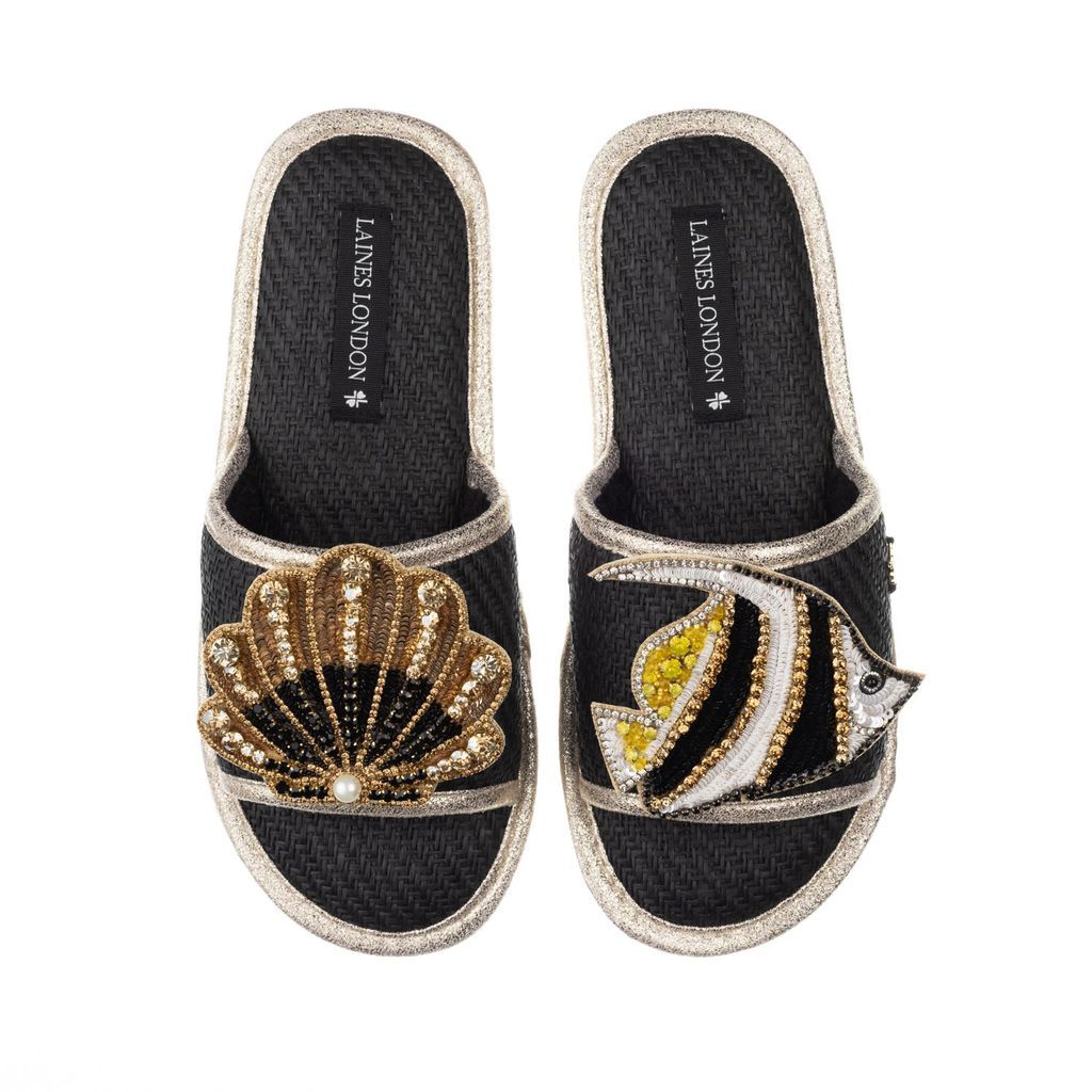 Women's Straw Braided Sandals With Handmade Banner Fish & Black& Gold Shell Brooches - Black Small LAINES LONDON