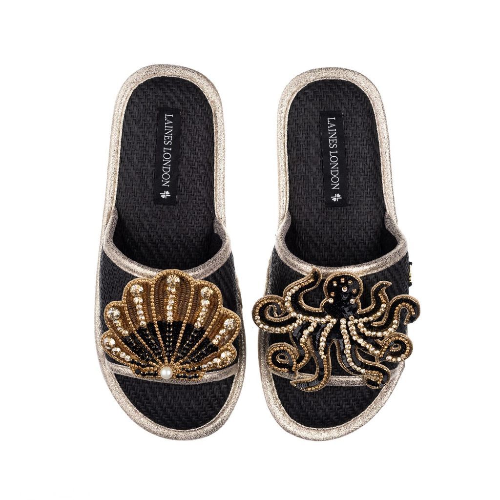 Women's Straw Braided Sandals With Handmade Black& Gold Octopus & Shell Brooches - Black Small LAINES LONDON